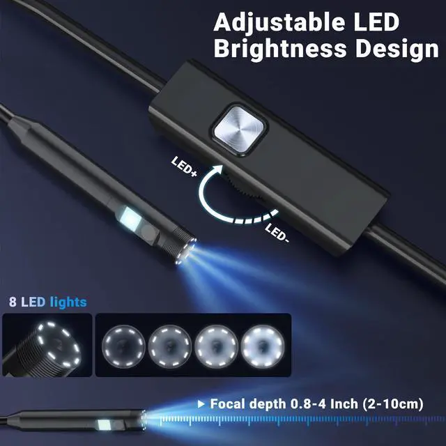 Alt view image 4 of 7 - Preciva Endoscope Camera with Dual Lenses, 1920P HD Borescope Camera with 8 Adjustable LED Lights, 16.5ft Semi-Rigid for iOS and Android