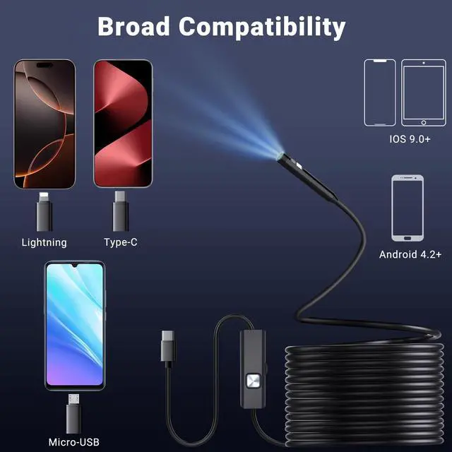 Alt view image 6 of 7 - Preciva Endoscope Camera with Dual Lenses, 1920P HD Borescope Camera with 8 Adjustable LED Lights, 16.5ft Semi-Rigid for iOS and Android