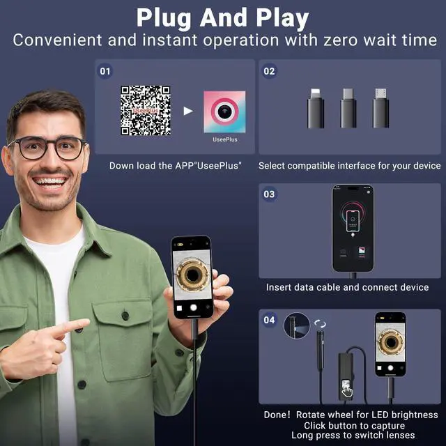 Alt view image 7 of 7 - Preciva Endoscope Camera with Dual Lenses, 1920P HD Borescope Camera with 8 Adjustable LED Lights, 16.5ft Semi-Rigid for iOS and Android