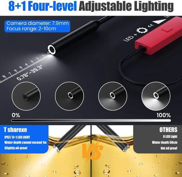 Alt view image 4 of 7 - Endoscope Camera with Light,1920P HD Borescope, IP67 Waterpro of Inspection Snake Camera for Drain/Plumbing/Wall Automotive Engine, Semi-Rigid with 8 LED Lights, for iOS/Android,16.4ft