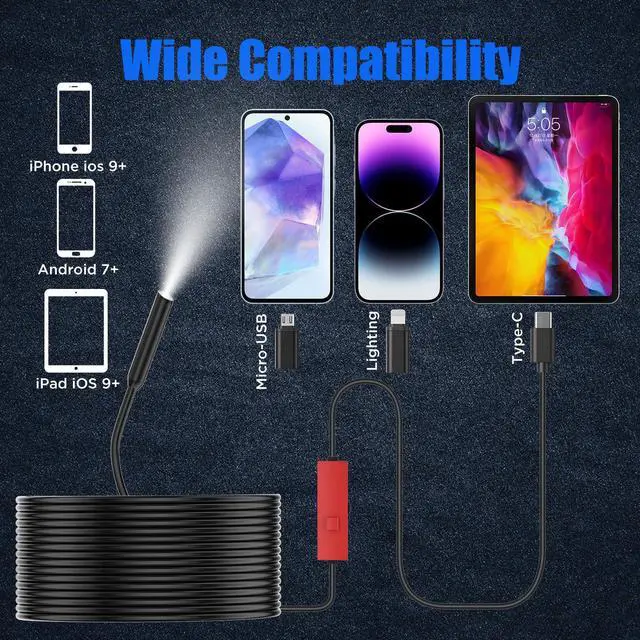 Alt view image 5 of 7 - Endoscope Camera with Light,1920P HD Borescope, IP67 Waterpro of Inspection Snake Camera for Drain/Plumbing/Wall Automotive Engine, Semi-Rigid with 8 LED Lights, for iOS/Android,16.4ft