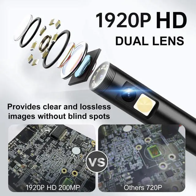 Alt view image 2 of 7 - 1920P HD Dual Lens Endoscope Camera Semi-Rigid Snake Cable IP67 Waterproof 8LED Lights Dimmable HD Industrial Pipeline Inspection Probe Compatible with Smartphones Endoscope Camera (9.9ft)