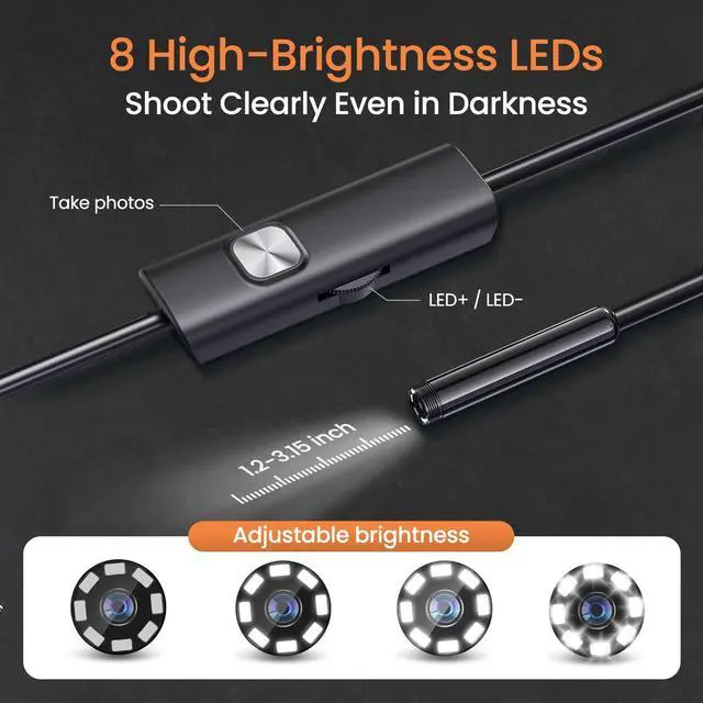 Alt view image 3 of 7 - Endoscope Camera with Light, HD Borescope with Dimmable LED Bulbs, 16.4ft Semi-Rigid Snake Camera for iOS & Android, IP67 Waterproof Boroscope Inspection Tools for Sewer, Cool Gadgets for Men