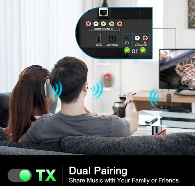 Alt view image 6 of 7 - Airplane Bluetooth 5.4 Transmitter Adapter,Supports 2 AirPods/Headphones 2-in-1 Bluetooth Transmitter Receiver with aptX Low Latency,Wireless Adapter for Flight,TV,Gym,Tablets Car Stereo (Black)