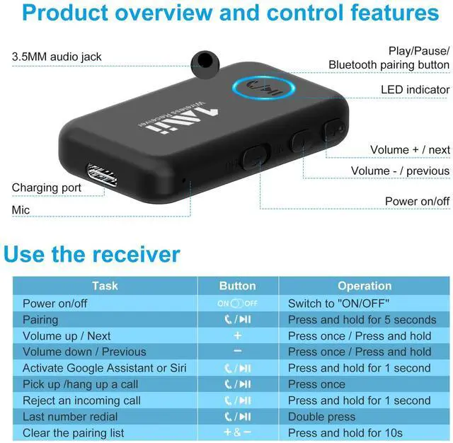 Alt view image 7 of 7 - 1Mii Bluetooth 5.3 Music Receiver for Car/Home Stereo, Aux Bluetooth Adapter for Car with Volume Control Supports Hands Free Calls, 16H Battery Life