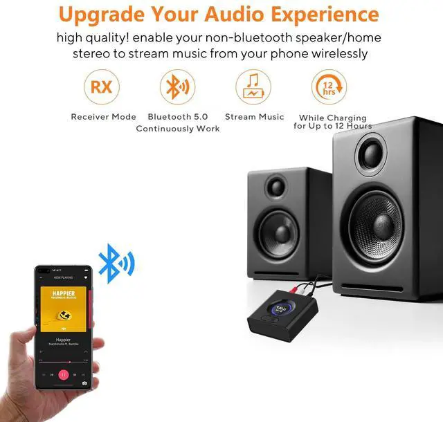 Alt view image 2 of 7 - 1Mii Bluetooth 5.0 Audio Receiver, Wireless Audio Adapter for Home Stereo Music Streaming System with 3.5 mm RCA, Bass Mode, 12hrs Playtime(Upgraded)