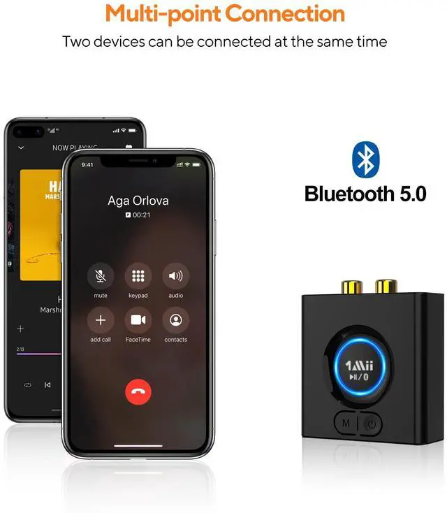 Alt view image 5 of 7 - 1Mii Bluetooth 5.0 Audio Receiver, Wireless Audio Adapter for Home Stereo Music Streaming System with 3.5 mm RCA, Bass Mode, 12hrs Playtime(Upgraded)