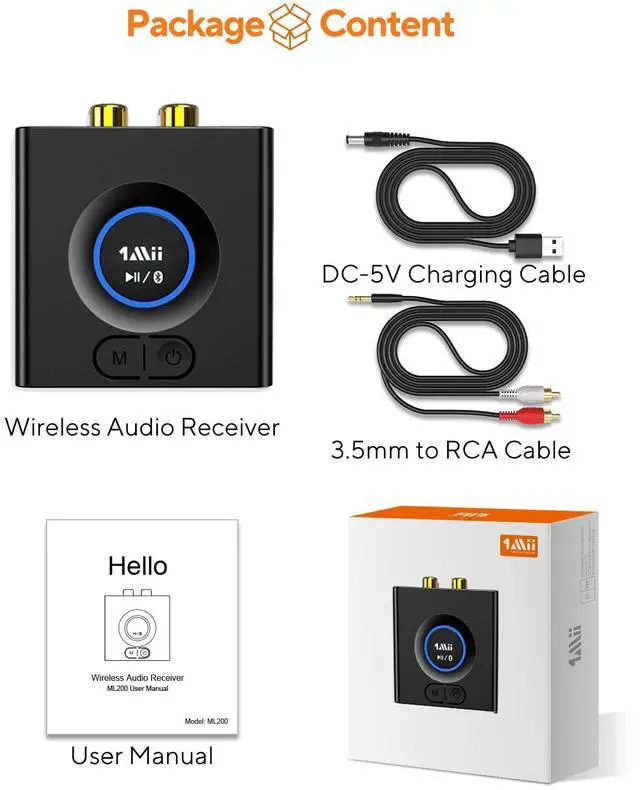Alt view image 7 of 7 - 1Mii Bluetooth 5.0 Audio Receiver, Wireless Audio Adapter for Home Stereo Music Streaming System with 3.5 mm RCA, Bass Mode, 12hrs Playtime(Upgraded)