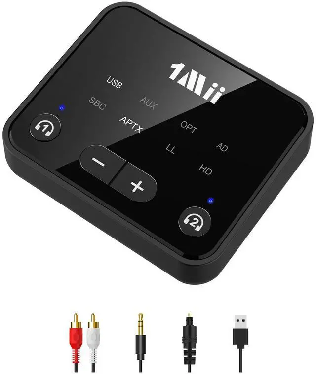 Main image of 1Mii Bluetooth 5.3 Transmitter for TV to 2 Wireless Headphones, Long Range 100ft Bluetooth Adapter for TV aptX Adaptive & HD/Volume Control, Optical/USB/AUX/RCA Audio Inputs