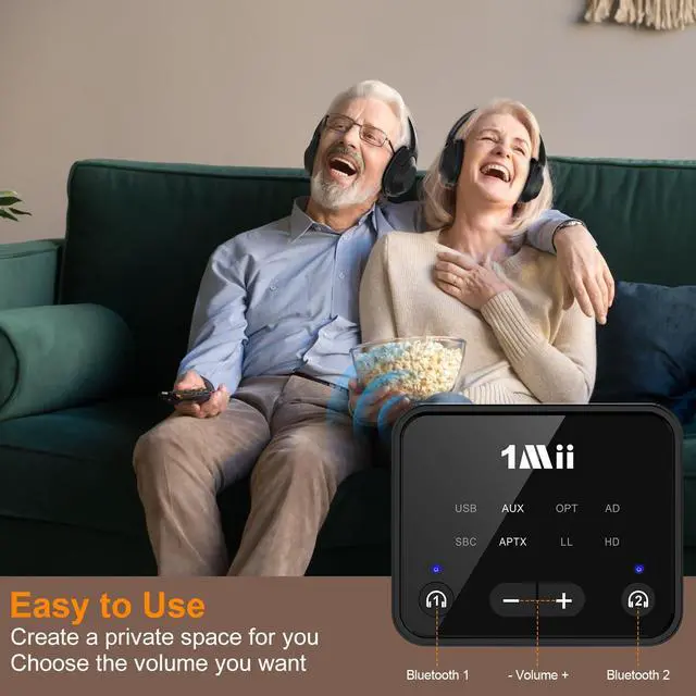 Alt view image 3 of 7 - 1Mii Bluetooth 5.3 Transmitter for TV to 2 Wireless Headphones, Long Range 100ft Bluetooth Adapter for TV aptX Adaptive & HD/Volume Control, Optical/USB/AUX/RCA Audio Inputs
