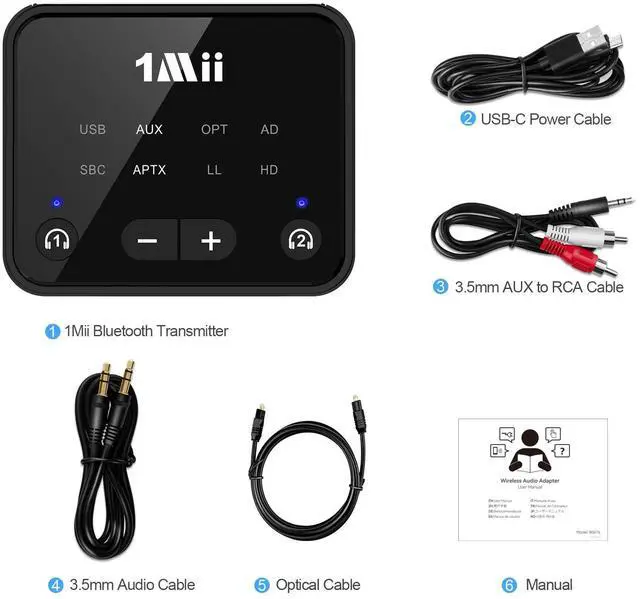 Alt view image 7 of 7 - 1Mii Bluetooth 5.3 Transmitter for TV to 2 Wireless Headphones, Long Range 100ft Bluetooth Adapter for TV aptX Adaptive & HD/Volume Control, Optical/USB/AUX/RCA Audio Inputs