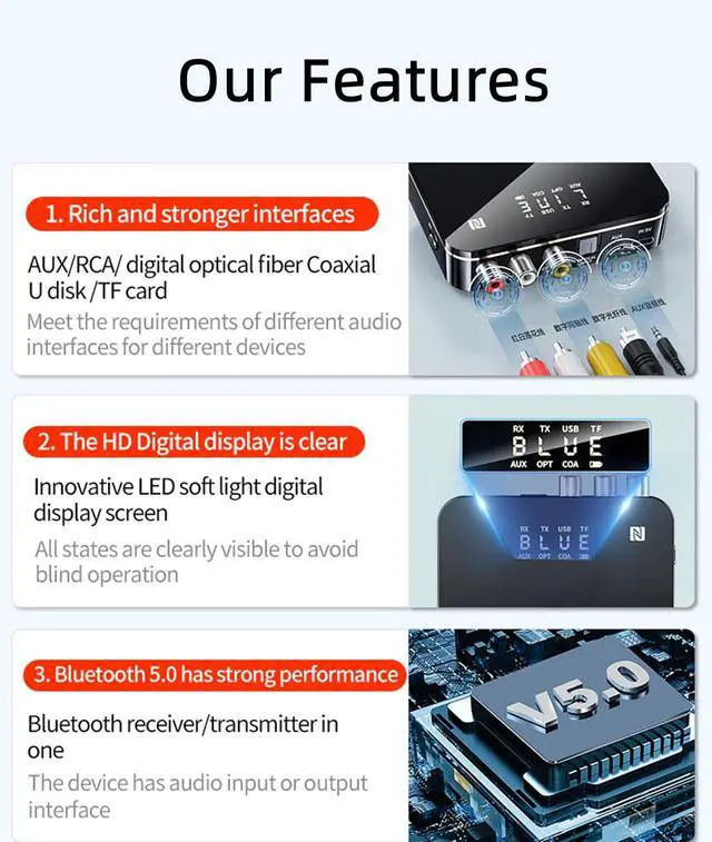 Alt view image 2 of 7 - PONYBRO Bluetooth 5.0 Audio Receiver Transmitter 2 in 1 with Remote, Bluetooth Hi-Fi Audio Adapter with 3.5mmRCA,COAXIAL,Optical,NFC,Aptx-LL for Home and Car Stereo, AV Receiver or Amplifier