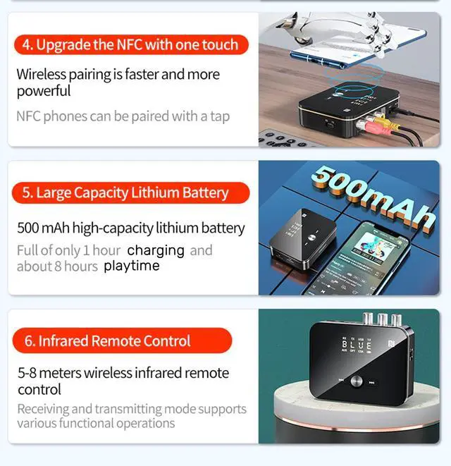 Alt view image 3 of 7 - PONYBRO Bluetooth 5.0 Audio Receiver Transmitter 2 in 1 with Remote, Bluetooth Hi-Fi Audio Adapter with 3.5mmRCA,COAXIAL,Optical,NFC,Aptx-LL for Home and Car Stereo, AV Receiver or Amplifier