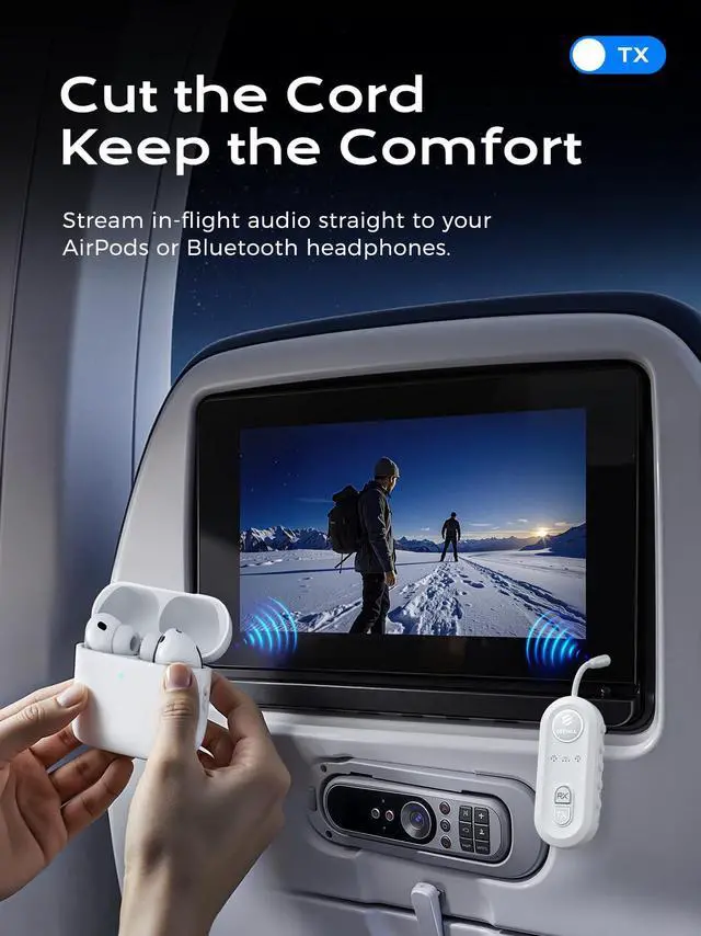 Alt view image 4 of 7 - Upgraded Bluetooth 5.4 Transmitter Receiver, Airplane Bluetooth Adapter with Qualcomm aptX Adaptive, Supports 2 AirPods/Headphones, Wireless Audio Transmitter for TV, Travel, Car & Gym, Cable Storage