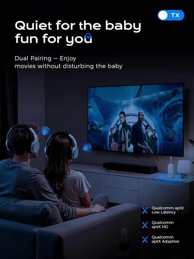 Alt view image 6 of 7 - Upgraded Bluetooth 5.4 Transmitter Receiver, Airplane Bluetooth Adapter with Qualcomm aptX Adaptive, Supports 2 AirPods/Headphones, Wireless Audio Transmitter for TV, Travel, Car & Gym, Cable Storage