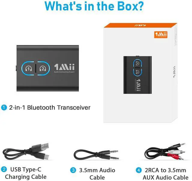 Alt view image 7 of 7 - 1Mii Bluetooth 5.3 Transmitter Receiver for TV to Wireless Headphones, Dual Link AptX Adaptive/Low Latency/HD Audio, Aux Adapter for Home Stereo, Airplane, Boat, Gym