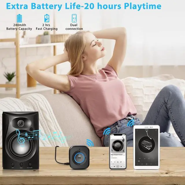 Alt view image 4 of 7 - iDIGMALL Bluetooth 5.4 Receiver for Speaker, Wireless HiFi Music Adapter w/Built-in Mic for Hands-Free Calls for Car Home Stereo Wired Headphones with 3.5mm RCA Aux Jack, 20 Hrs Playtime, Multi-Point