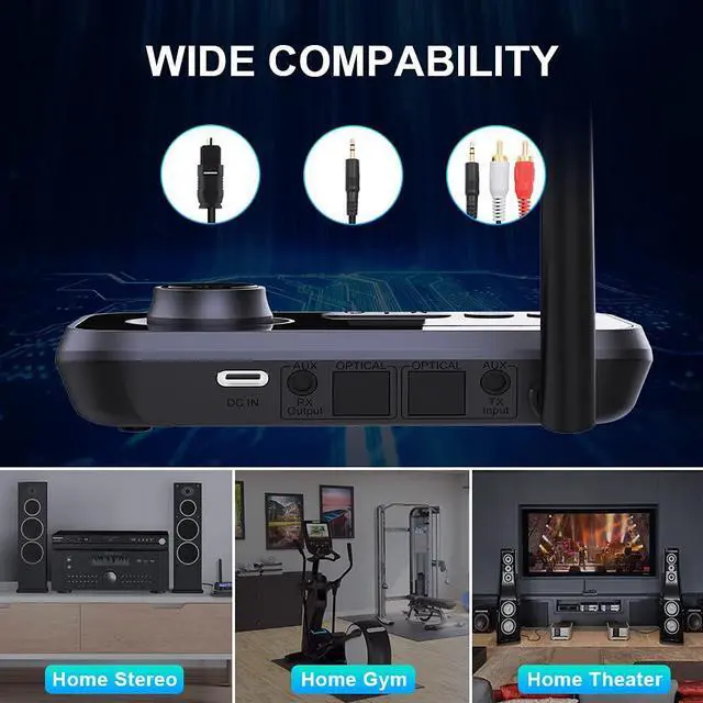 Alt view image 6 of 7 - Ainostone Bluetooth 5.3 Transmitter Receiver for 2 Headphones 3-in-1 Audio Adapter with Bypass Low Latency LCD Display ON/OFF Switch Volume Control Optical AUX RCA for Headphone Speaker TV Home Stereo