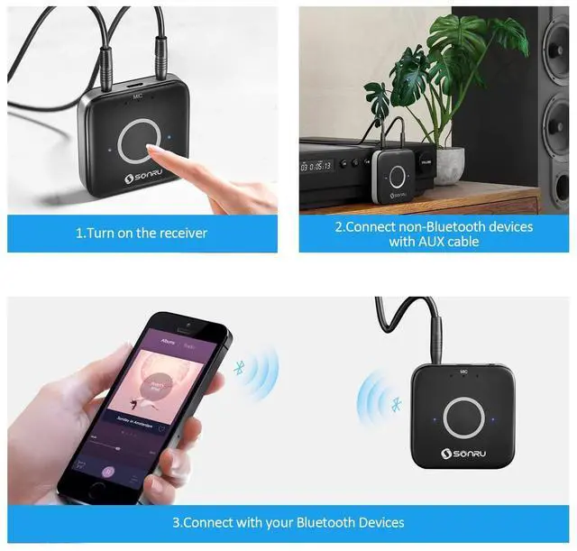 Alt view image 4 of 7 - SONRU Bluetooth 5.3 Adapter Hi-Fi Equipment for Car Wireless Audio Receiver with 3.5mm AUX RCA Cable, Noise Cancellation, Dual AUX Outputs for Home Speakers Wired Headphones