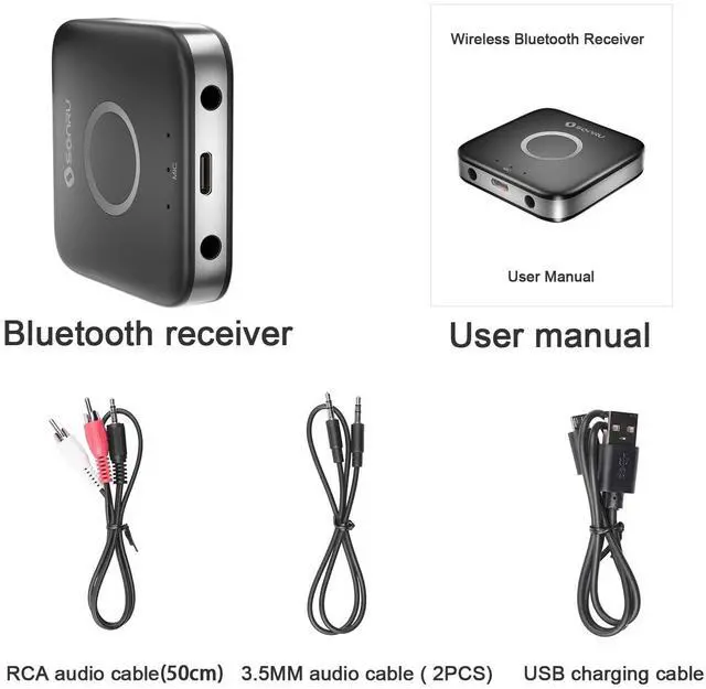 Alt view image 7 of 7 - SONRU Bluetooth 5.3 Adapter Hi-Fi Equipment for Car Wireless Audio Receiver with 3.5mm AUX RCA Cable, Noise Cancellation, Dual AUX Outputs for Home Speakers Wired Headphones