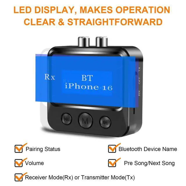 Alt view image 3 of 7 - Bluetooth Transmitter Receiver for TV, Audio Adapter for Home Stereo with RCA 3.5mm AUX & Display, Bluetooth Transmitter for Headphones/Speakers/Airplane/Home Theater/PC/Car, TF Card Output