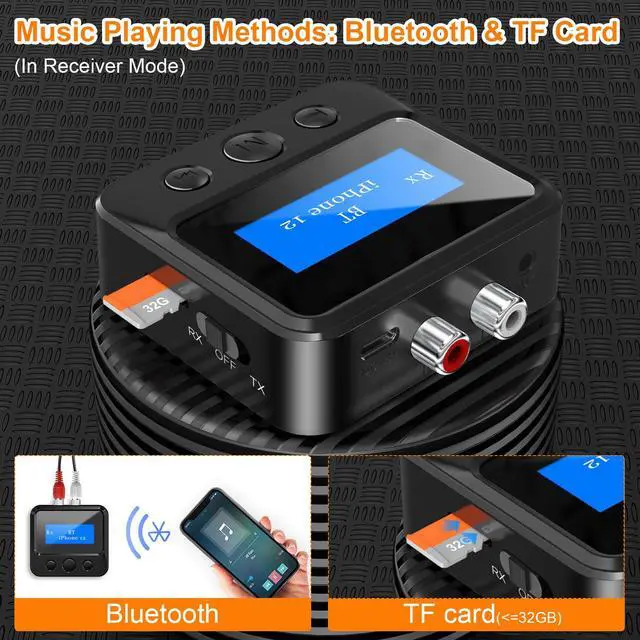 Alt view image 4 of 7 - Bluetooth Transmitter Receiver for TV, Audio Adapter for Home Stereo with RCA 3.5mm AUX & Display, Bluetooth Transmitter for Headphones/Speakers/Airplane/Home Theater/PC/Car, TF Card Output