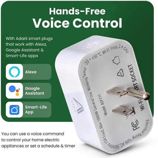 Alt view image 2 of 7 - Adarii Smart Plug Google Home, Compatible with Alexa, 15A WiFi Plug, 2.4GHz, Smart Life Plug, Voice Control, Compact Indoor Smart Plug, FCC Certified, Tuya Smart Plug, No Hub Needed, 1 Pack