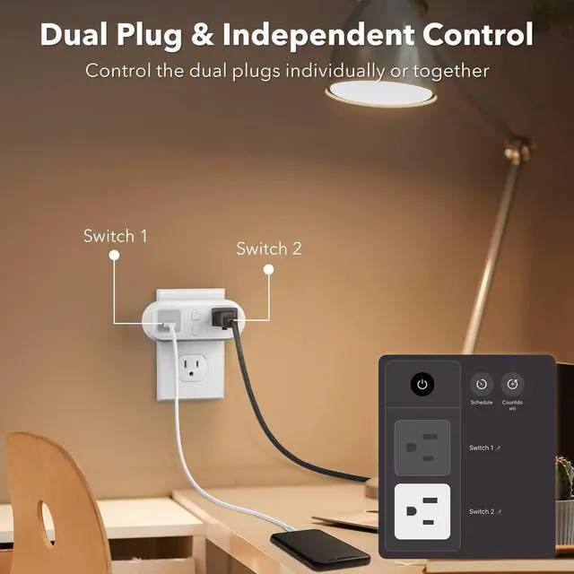 Alt view image 4 of 7 - HBN Smart Plug 15A, WiFi&Bluetooth Outlet Extender Dual Socket Plugs Works with Alexa, Google Home Assistant, Remote Control with Timer Function, No Hub Required, ETL Certified, 2.4G WiFi Only