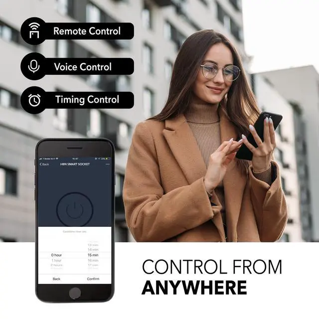 Alt view image 6 of 7 - HBN Smart Plug 15A, WiFi&Bluetooth Outlet Extender Dual Socket Plugs Works with Alexa, Google Home Assistant, Remote Control with Timer Function, No Hub Required, ETL Certified, 2.4G WiFi Only