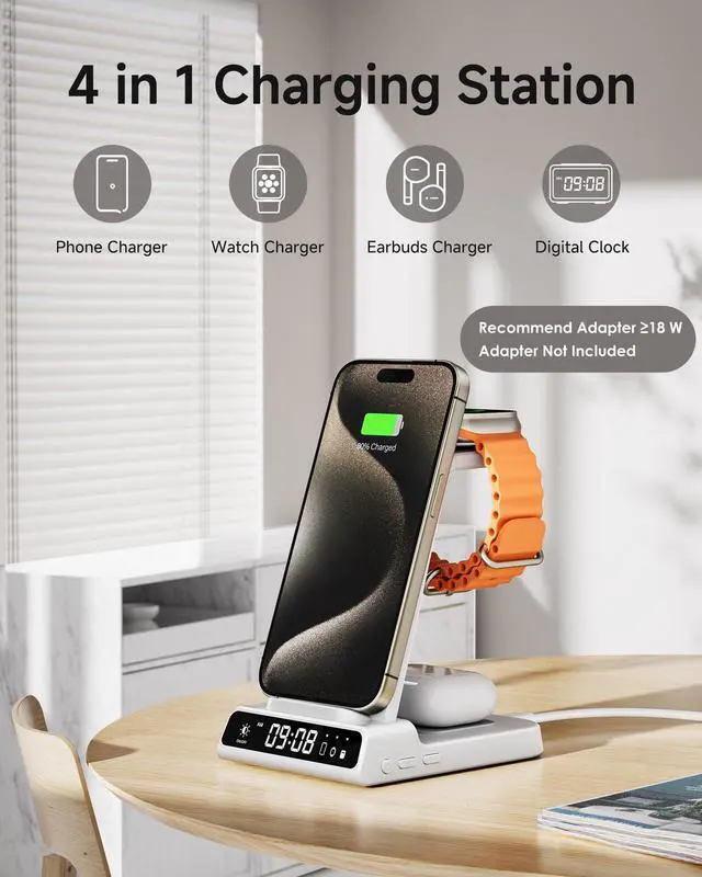 Alt view image 2 of 7 - Wireless Charger for iPhone 17, 3 in 1 Charging Station for Apple Watch Watch 11/10/9/8/7/6/5, Ultra 3/SE 3, for iPhone 17/16/15/14/13/12/11/X Series, for Air Pods Pro 3/4/Pro 2/3/Pro (No Adapter)