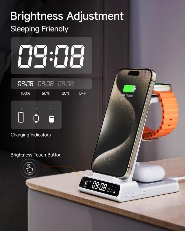 Alt view image 4 of 7 - Wireless Charger for iPhone 17, 3 in 1 Charging Station for Apple Watch Watch 11/10/9/8/7/6/5, Ultra 3/SE 3, for iPhone 17/16/15/14/13/12/11/X Series, for Air Pods Pro 3/4/Pro 2/3/Pro (No Adapter)