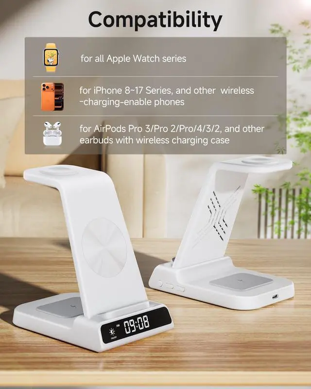 Alt view image 3 of 7 - Wireless Charger for iPhone 17, 3 in 1 Charging Station for Apple Watch Watch 11/10/9/8/7/6/5, Ultra 3/SE 3, for iPhone 17/16/15/14/13/12/11/X Series, for Air Pods Pro 3/4/Pro 2/3/Pro (No Adapter)