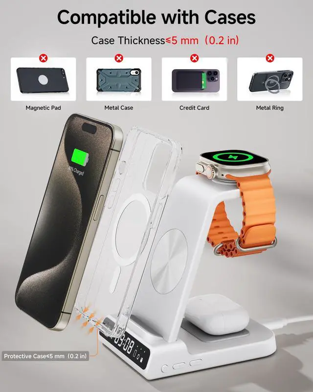 Alt view image 6 of 7 - Wireless Charger for iPhone 17, 3 in 1 Charging Station for Apple Watch Watch 11/10/9/8/7/6/5, Ultra 3/SE 3, for iPhone 17/16/15/14/13/12/11/X Series, for Air Pods Pro 3/4/Pro 2/3/Pro (No Adapter)