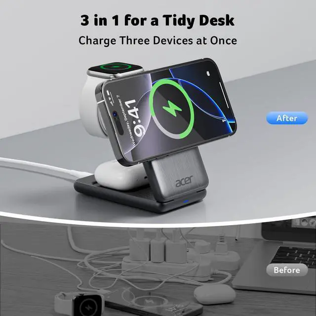 Alt view image 4 of 7 - 3 in 1 Charging Station for iPhone, Wireless Charger Stand,15W Fast MagSafe Charger for iPhone 17 16 15 14 13 12 Series-Apple Watch 10 9 8 7 6 5 4 3 2 SE and Ultra Series-Airpods 4 3 2 Pro Series