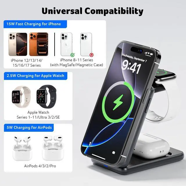 Alt view image 3 of 7 - 3 in 1 Charging Station for iPhone, Wireless Charger Stand,15W Fast MagSafe Charger for iPhone 17 16 15 14 13 12 Series-Apple Watch 10 9 8 7 6 5 4 3 2 SE and Ultra Series-Airpods 4 3 2 Pro Series