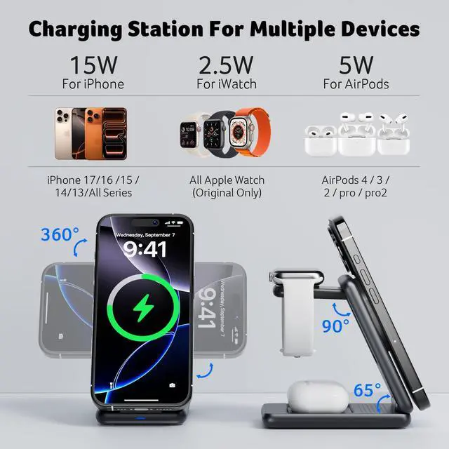 Alt view image 5 of 7 - 3 in 1 Charging Station for iPhone, Wireless Charger Stand,15W Fast MagSafe Charger for iPhone 17 16 15 14 13 12 Series-Apple Watch 10 9 8 7 6 5 4 3 2 SE and Ultra Series-Airpods 4 3 2 Pro Series