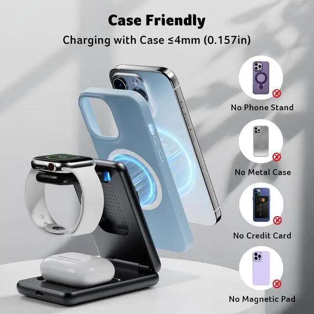Alt view image 6 of 7 - 3 in 1 Charging Station for iPhone, Wireless Charger Stand,15W Fast MagSafe Charger for iPhone 17 16 15 14 13 12 Series-Apple Watch 10 9 8 7 6 5 4 3 2 SE and Ultra Series-Airpods 4 3 2 Pro Series
