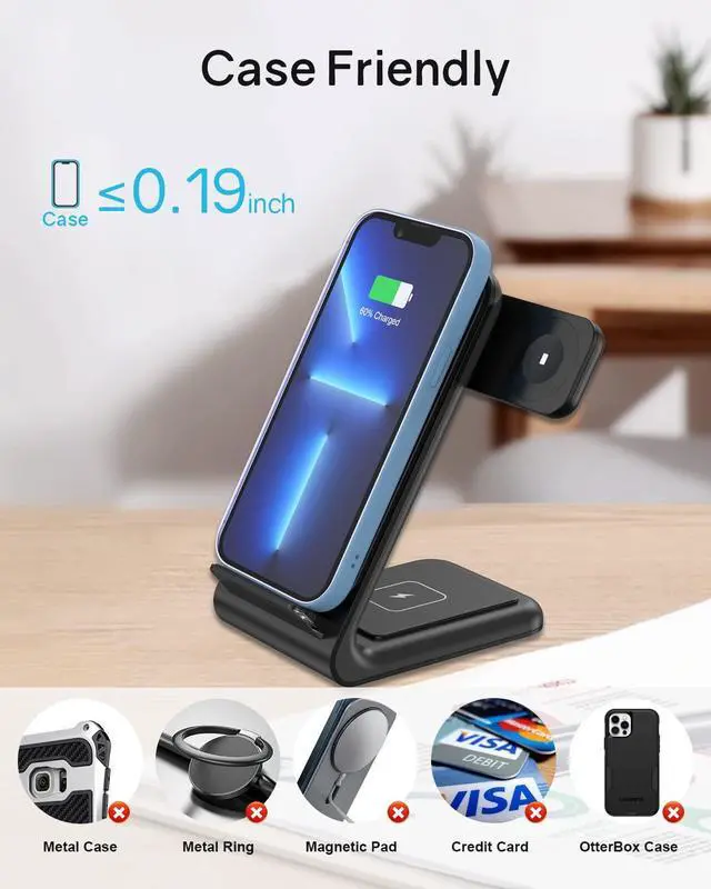 Alt view image 4 of 7 - 3-in-1 Wireless Charging Station for iPhone: CIYOYO Magnetic Fast Charger for iPhone 16/15/14/13 Apple Watch/AirPods Portable Charging Pad for Office Bedside Home