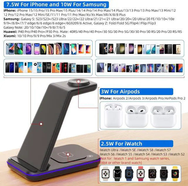 Alt view image 2 of 7 - Wireless Charging Station, 3 in 1 Fast Wireless Charger for iPhone 15/14/13/12/11 Series/SE/XS/XS Max/XR/X/8/8 Plus, Charging Stand for Apple Watch SE/8/7/6/5/4/3/2/Ultra and AirPods Pro/3/2