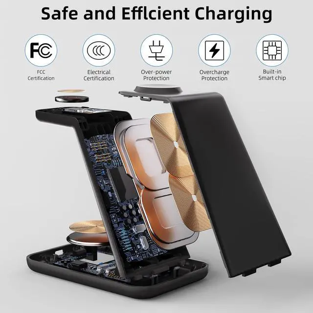 Alt view image 3 of 7 - Wireless Charging Station, 3 in 1 Fast Wireless Charger for iPhone 15/14/13/12/11 Series/SE/XS/XS Max/XR/X/8/8 Plus, Charging Stand for Apple Watch SE/8/7/6/5/4/3/2/Ultra and AirPods Pro/3/2