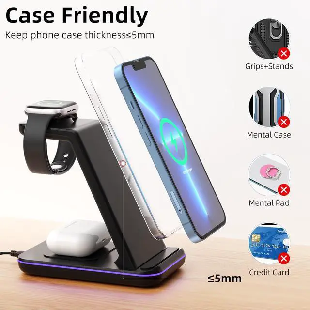 Alt view image 5 of 7 - Wireless Charging Station, 3 in 1 Fast Wireless Charger for iPhone 15/14/13/12/11 Series/SE/XS/XS Max/XR/X/8/8 Plus, Charging Stand for Apple Watch SE/8/7/6/5/4/3/2/Ultra and AirPods Pro/3/2