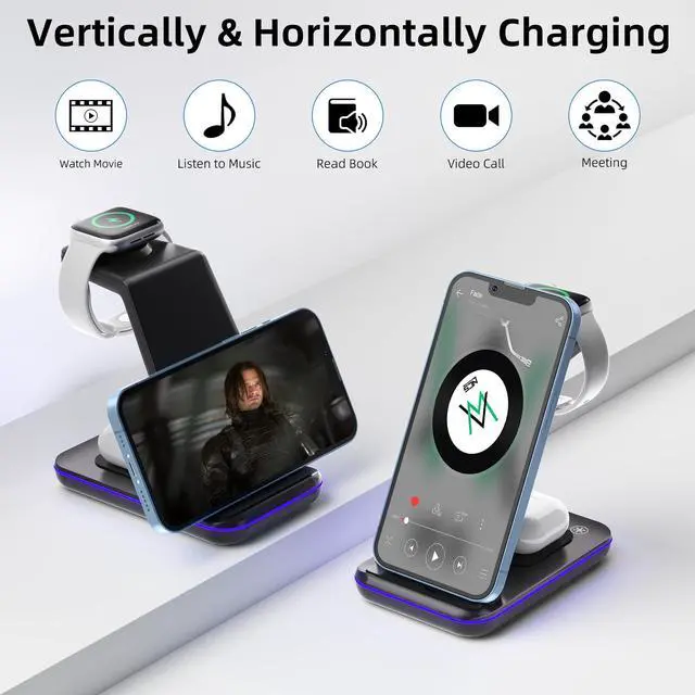 Alt view image 6 of 7 - Wireless Charging Station, 3 in 1 Fast Wireless Charger for iPhone 15/14/13/12/11 Series/SE/XS/XS Max/XR/X/8/8 Plus, Charging Stand for Apple Watch SE/8/7/6/5/4/3/2/Ultra and AirPods Pro/3/2