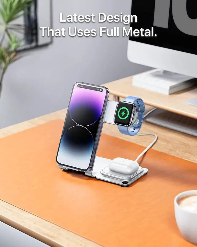 Alt view image 2 of 6 - Intoval Metal Charging Station for iPhone 17/16/15/14/13/12/11/XS/XR/XS, 3 in 1 Wireless Charger for Apple Watch 11/Ultra 3/SE/10/9/8/7/6/5/4/3/2, for AirPods 4/Pro/Pro 2/3 (Y9,Silver)