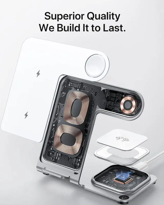 Alt view image 5 of 6 - Intoval Metal Charging Station for iPhone 17/16/15/14/13/12/11/XS/XR/XS, 3 in 1 Wireless Charger for Apple Watch 11/Ultra 3/SE/10/9/8/7/6/5/4/3/2, for AirPods 4/Pro/Pro 2/3 (Y9,Silver)