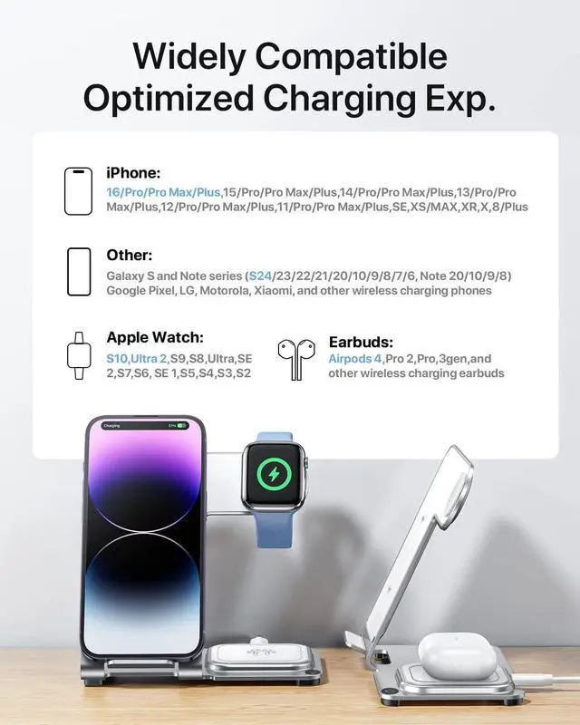 Alt view image 6 of 6 - Intoval Metal Charging Station for iPhone 17/16/15/14/13/12/11/XS/XR/XS, 3 in 1 Wireless Charger for Apple Watch 11/Ultra 3/SE/10/9/8/7/6/5/4/3/2, for AirPods 4/Pro/Pro 2/3 (Y9,Silver)