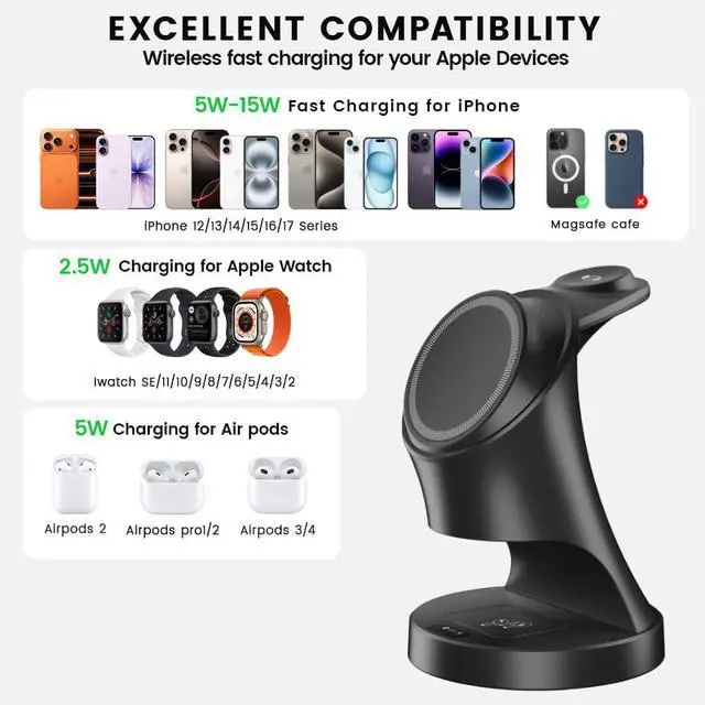 Alt view image 3 of 7 - 3 in 1 Wireless Charging Station for Apple Devices,Magsafe Charger for IPhone17 16 15 14 13 12 Pro/Max/Plus/Mini Wireless Charger Station for AirPods 2/3/4/Pro iWatch Ultra11/10/9/8/7/SE/6/5/4/3/2