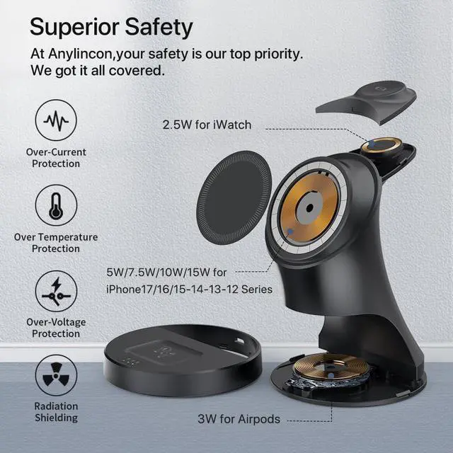 Alt view image 6 of 7 - 3 in 1 Wireless Charging Station for Apple Devices,Magsafe Charger for IPhone17 16 15 14 13 12 Pro/Max/Plus/Mini Wireless Charger Station for AirPods 2/3/4/Pro iWatch Ultra11/10/9/8/7/SE/6/5/4/3/2