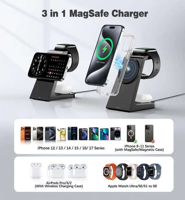 Alt view image 2 of 7 - 3 in 1 Magnetic Wireless Charging Station Apple 20W Charger Stand Magnetic Wireless Charger for iPhone 16 15 14 13 12 Pro/Pro Max/Plus/Mini AirPods 2/3/Pro iWatch Ultra/8/7/SE/6/5/4/3/2 (3 in 1)