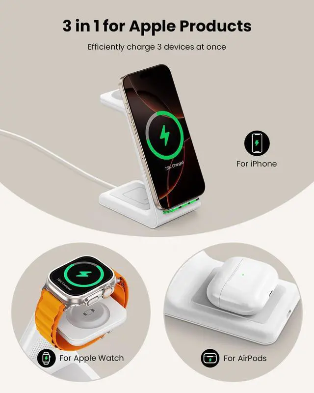 Alt view image 2 of 7 - GEEKERA 3 in 1 Wireless Charging Station for Apple, Fast Wireless Charger Stand Dock for iPhone 17 16 15 14 13 12 11 Pro Max Plus XR XS X, Apple Watch Ultra/11/10/9/SE/8/7/6/5/4/3/2, AirPods Pro/4/3/2