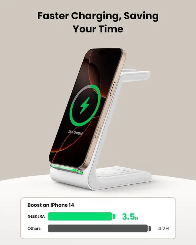 Alt view image 4 of 7 - GEEKERA 3 in 1 Wireless Charging Station for Apple, Fast Wireless Charger Stand Dock for iPhone 17 16 15 14 13 12 11 Pro Max Plus XR XS X, Apple Watch Ultra/11/10/9/SE/8/7/6/5/4/3/2, AirPods Pro/4/3/2